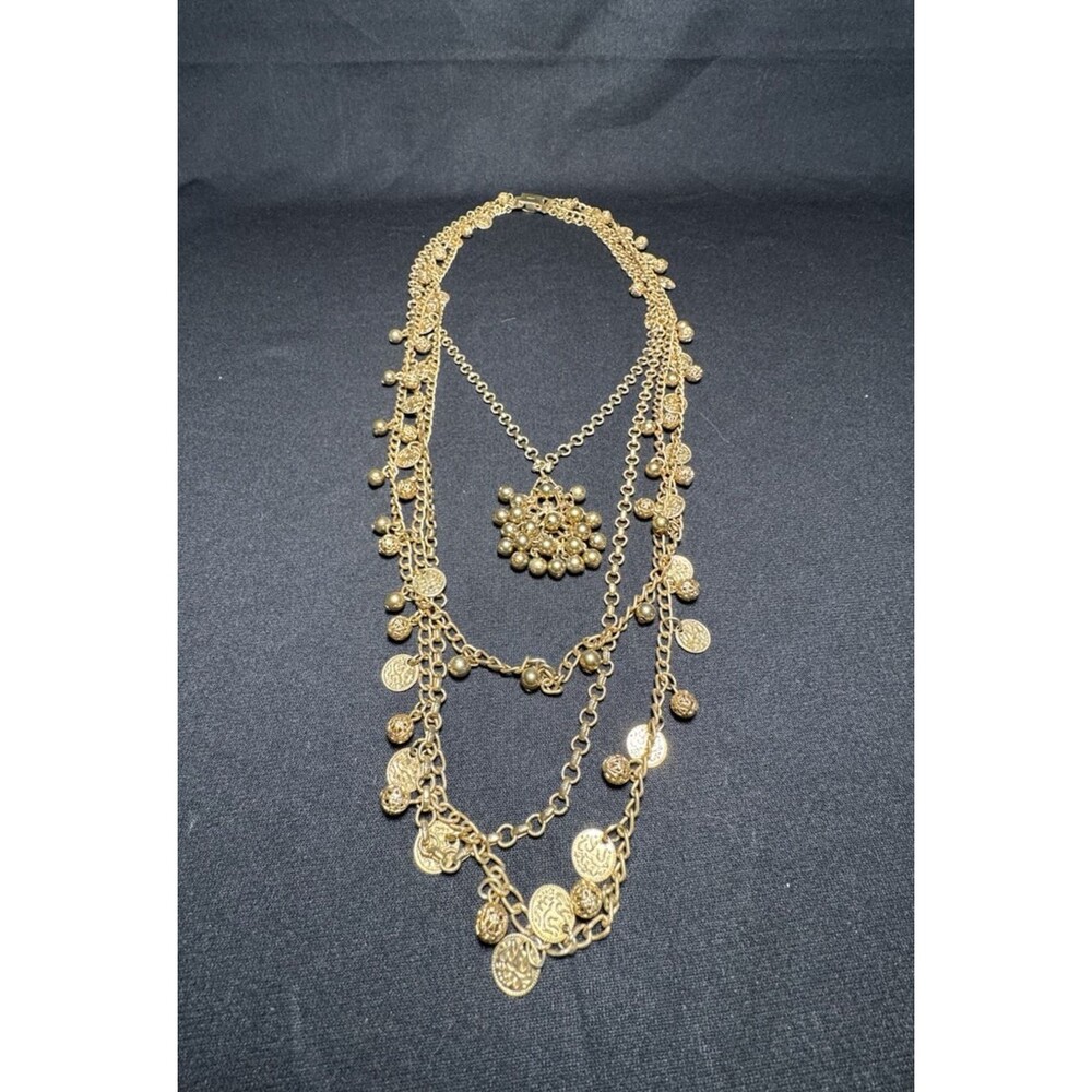 Vintage Napier Gold Tone Multi Strand Coin Necklace Filigree Pendant 30"